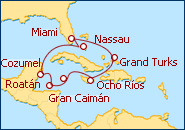 Voir l'itin�raire de la croisi�re Floride, Bahamas, Jama�que,�les Ca�mans, Honduras, Mexique