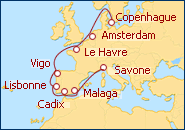 Voir l'itin�raire de la croisi�re Danemark, France, Espagne, Portugal