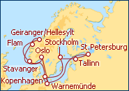 Voir l'itin�raire de la croisi�re Danemark, Su�de, Russie, Estonie, Allemagne, Norv�ge
