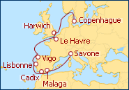 Voir l'itin�raire de la croisi�re Espagne, Portugal, France, Grande-Bretagne, Danemark