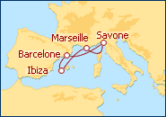 Voir l'itin�raire de la croisi�re Espagne, Bal�ares, France
