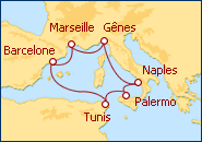 Voir l'itin�raire de la croisi�re Espagne, France, Italie, Tunisie