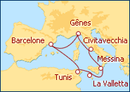 Voir l'itin�raire de la croisi�re Italie, Espagne, Tunisie, Malte