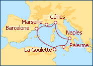 Voir l'itin�raire de la croisi�re Italie, Sicile, Tunisie, Espagne, France