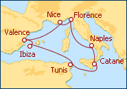Voir l'itin�raire de la croisi�re Espagne, Tunisie, Italie