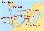 Voir l'itin�raire de la croisi�re Norv�ge, Islande et Iles Faroe