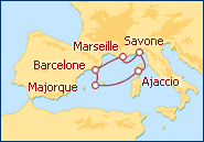 Voir l'itin�raire de la croisi�re Espagne, Bal�ares, Corse