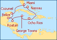Voir l'itin�raire de la croisi�re Floride, Bahamas, Jama�que,�les Ca�mans, Honduras, Mexique