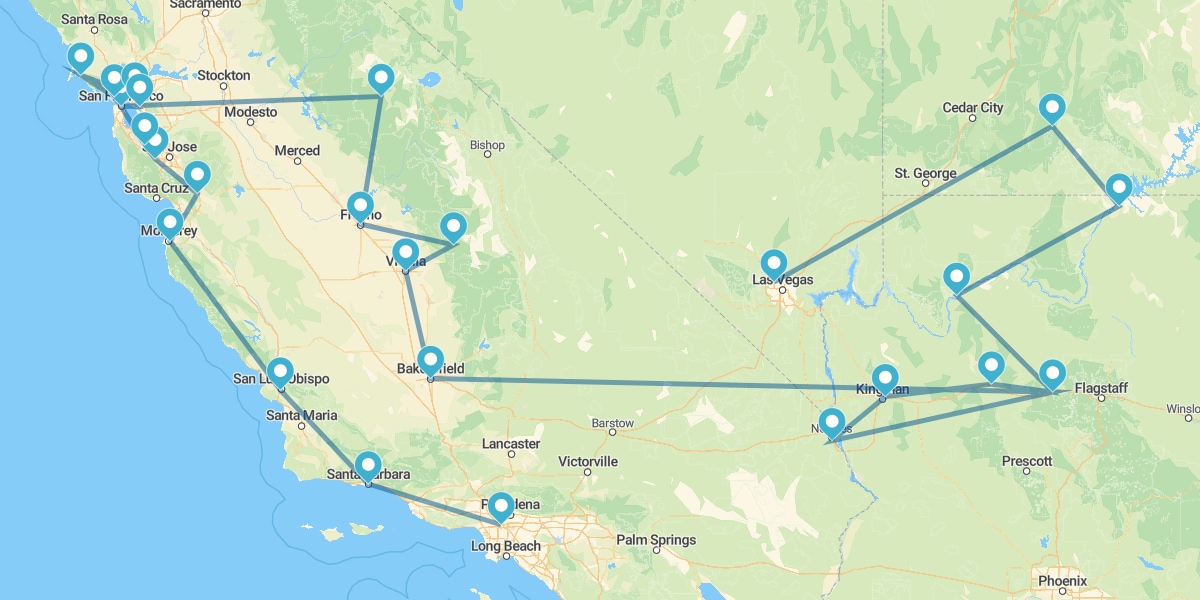 Route de la Californie jusqu'au Nevada, incluant les Parcs Naturels