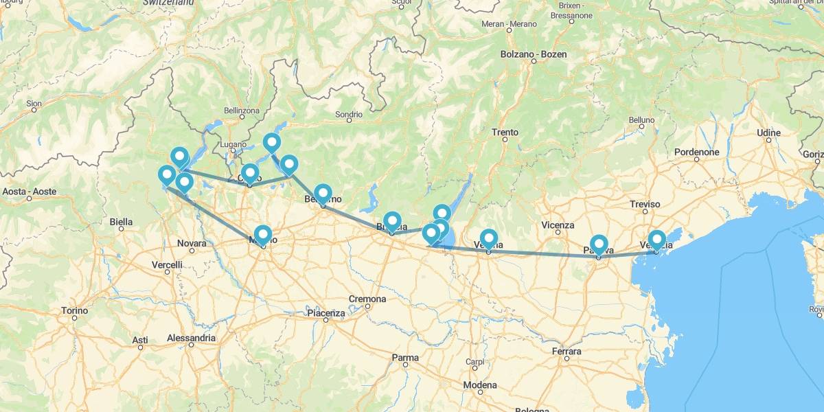 Route par les Lacs idylliques du Nord, de Milan à Venise