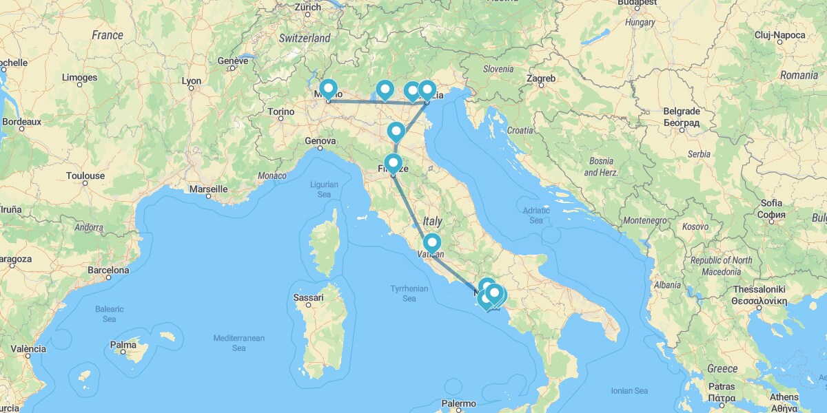 Route à travers la Grande Italie, de Milan à Naples