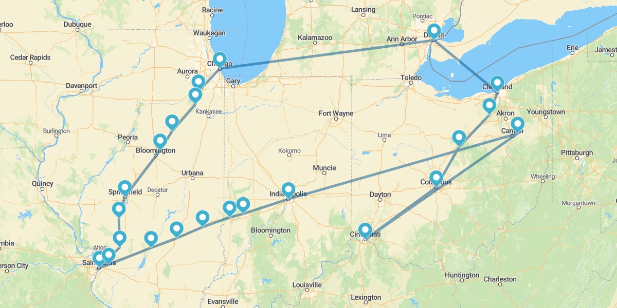 Route à travers le Midwest, de Chicago à Detroit