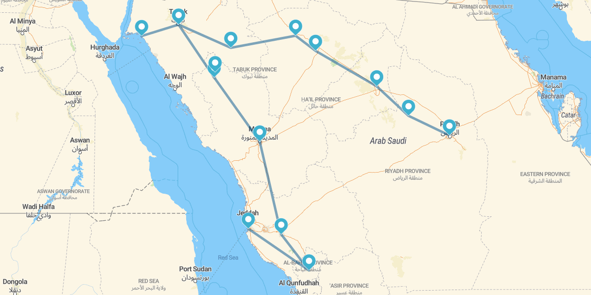 Route de Djeddah à Riyad avec Tabuk, Neom et la vallée de la Hisma