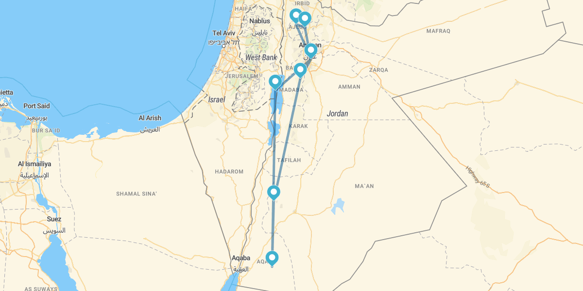 Route à travers le Royaume Hachémite et le Wadi Rum