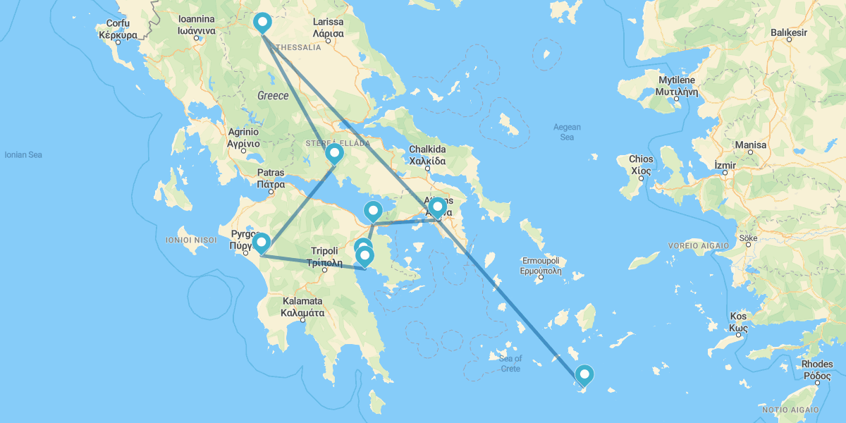 Route par le Péloponnèse, Météores et Santorini