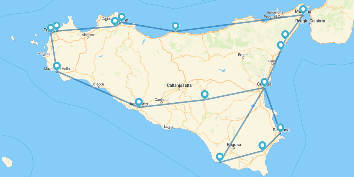 Route à travers La Sicile, de Catane à Agrigente