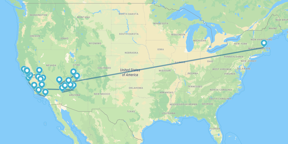 Route de la Californie jusqu'au Nevada, incluant les Parcs Naturels et Boston