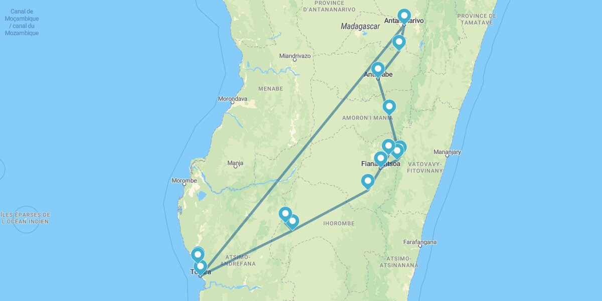 Antananarivo, Antsirabe, Ranomafana, Fianarantsoa, Ranohira et Ifaty