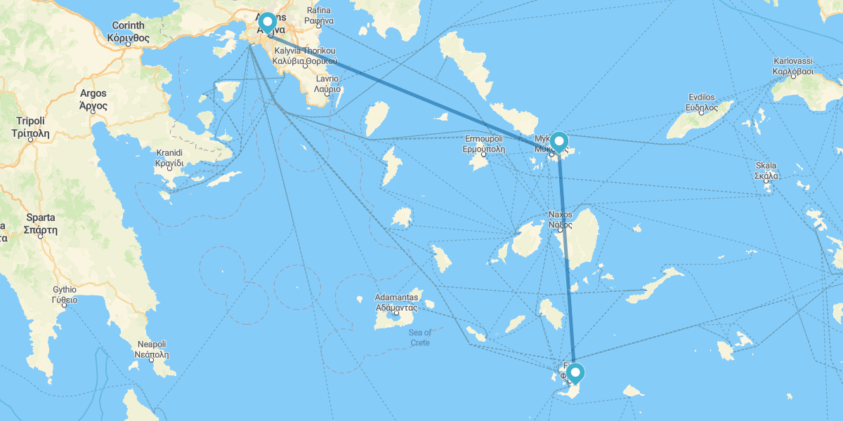 Athènes, Mykonos et Santorin en avion, avec transfers et voiture de location