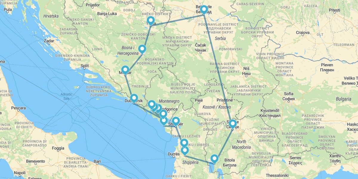 Serbie, Macédoine du Nord, Albanie, Monténégro, Croatie et Bosnie-Herzégovine