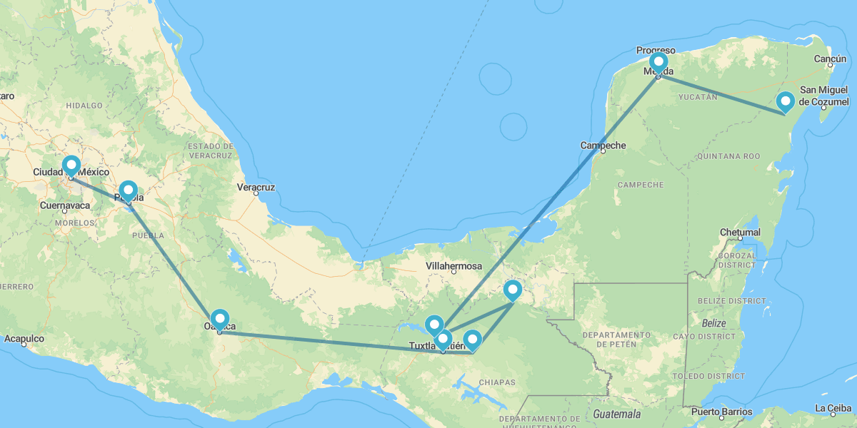 Ville de Mexico, Oaxaca, Tuxtla Gutierrez, San Cristobal de las Casas, Palenque, Campeche, Mérida et Riviera Maya