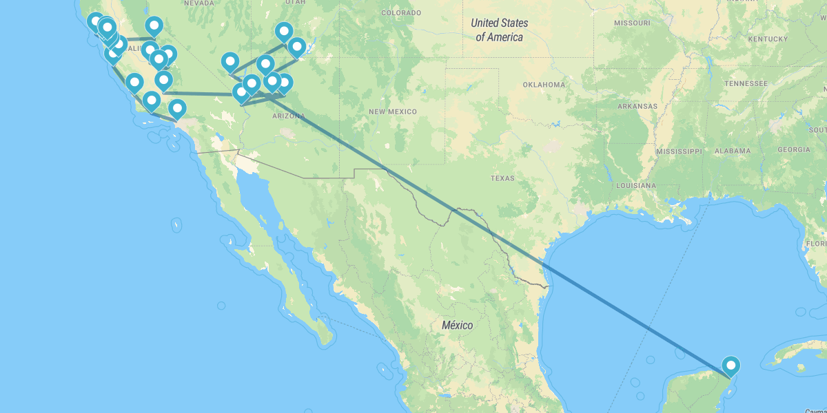 Route de la Californie jusqu'au Nevada, incluant les Parcs Naturels et Cancún
