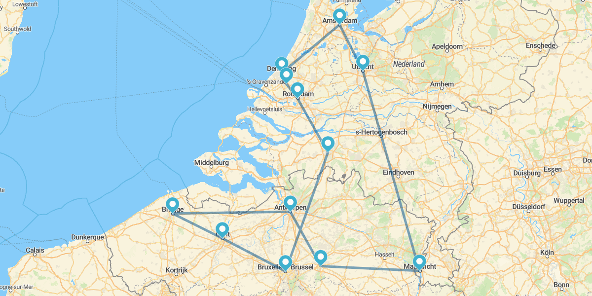 Route à travers les villes emblématiques des Pays-Bas et de la Flandre