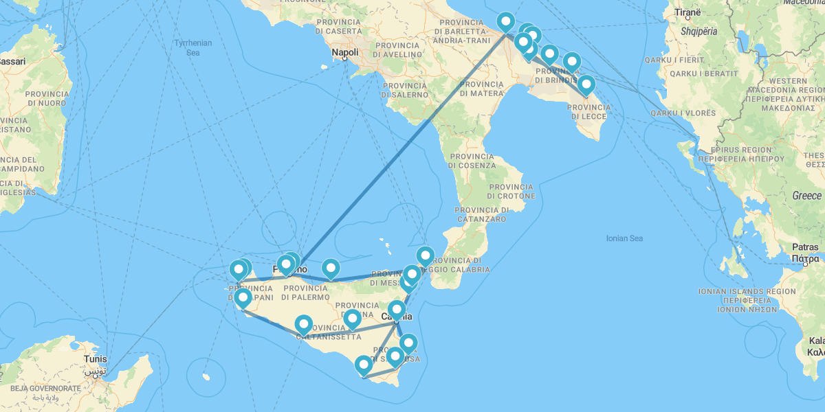 Grande Route en voiture à travers les Pouilles et la Sicile dans son intégralité