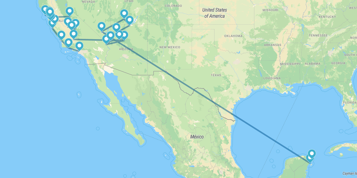 Route de la Californie jusqu'au Nevada, incluant les Parcs Naturels et Riviera Maya