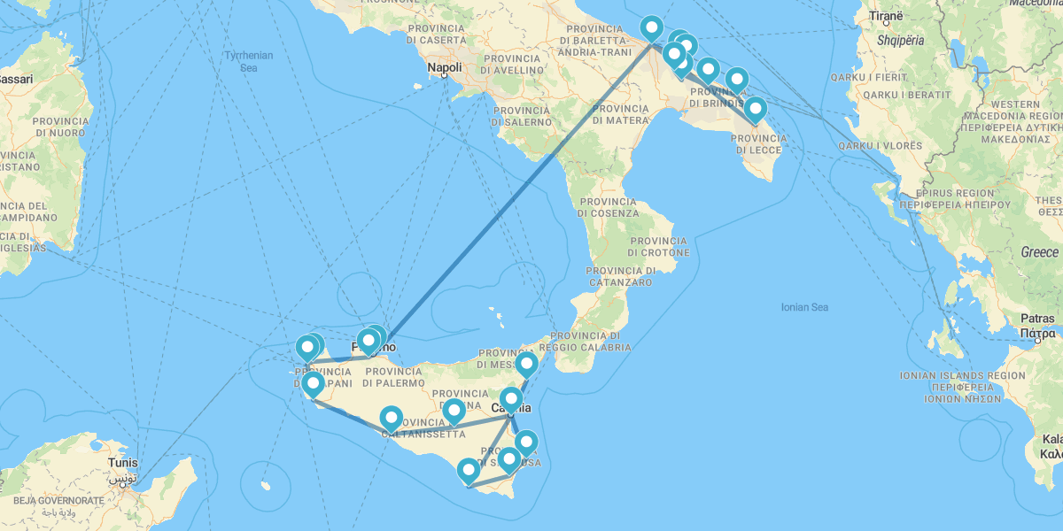 Route á travers les grands sites emblématiques des Pouilles et de la Sicile, de Palerme á Catane