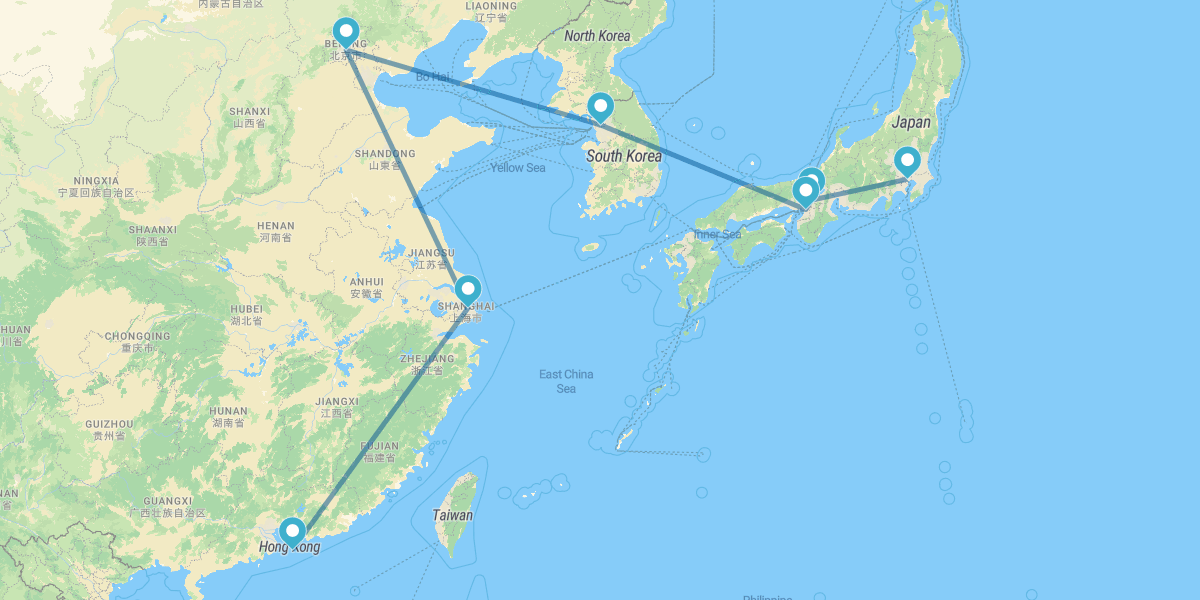 Tokyo, Kyoto, Osaka, Séoul, Pékin, Shanghai et Hong Kong