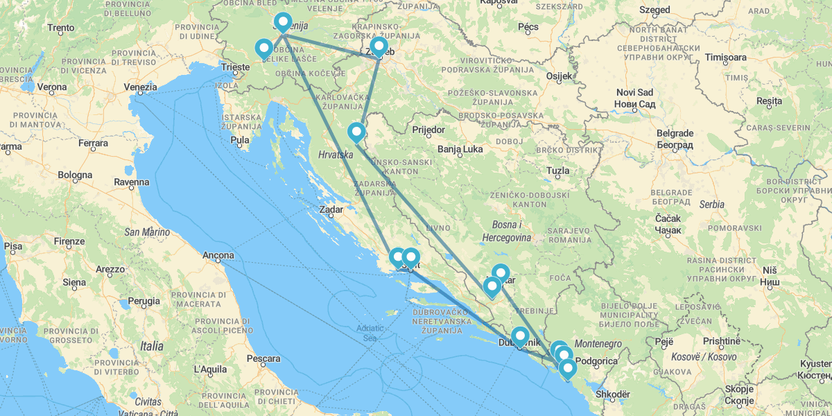Grand route par la Croatie, au Monténégro, en Bosnie et en Slovénie