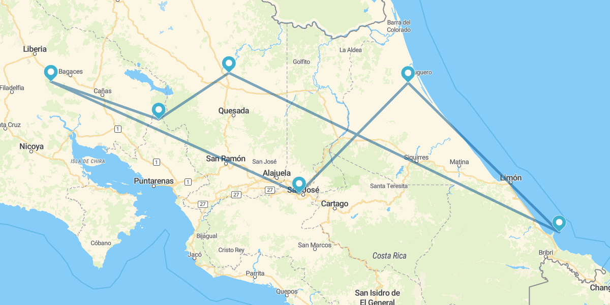 Tortuguero, Caraïbes, Arenal, Monteverde, Guanacaste et nuit à San José