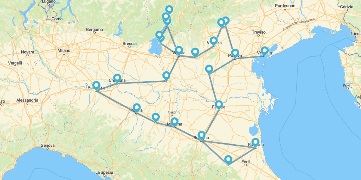 Route à travers la Vénétie et Émilie-Romagne