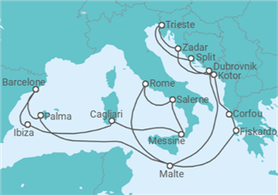 Itinéraire -  Espagne, Italie, Grèce, Monténégro, Croatie, Malte - Cunard
