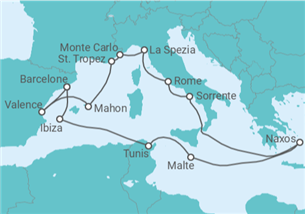 Itinéraire -  Espagne, Tunisie, Malte, Italie, Monaco, France - Explora Journeys