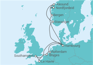 Itinéraire -  Royaume-Uni, France, Belgique, Hollande, Allemagne, Norvège - AIDA